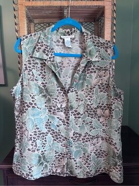 Vintage 100% Silk Sleeveless Shirt | Sheer Print+Tropical Leaves | Size XL